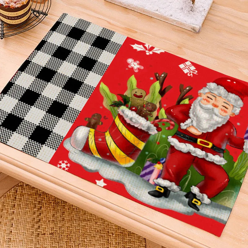 Square Christmas cartoon elk print placemat, 33x45cm, linen or cotton and linen, nine colours.