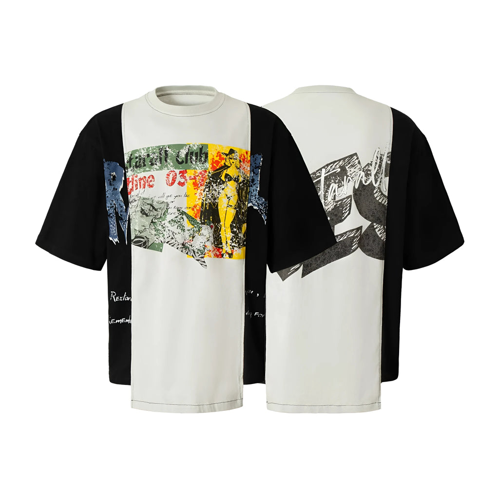 Black and white deconstruction collage printed cotton blend T-shirt with short sleeves and loose fit.
