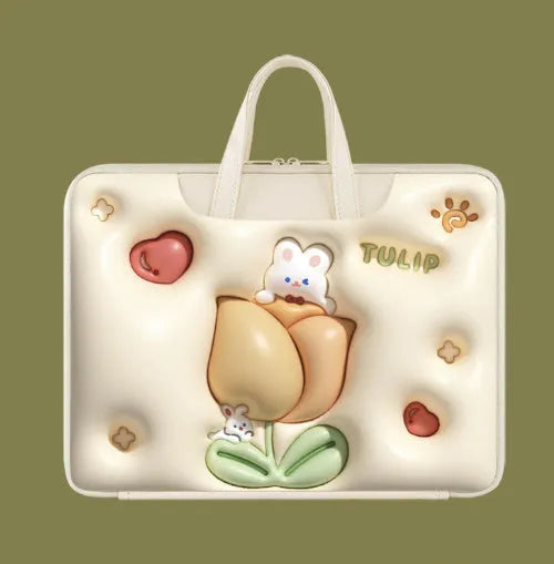 Inflatable laptop bag with PU leather lining and character design hanging from suitcase