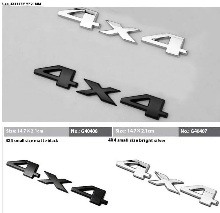 Metal 3D 4x4 rear car badge sticker in silver plated finish on a vehicle boot