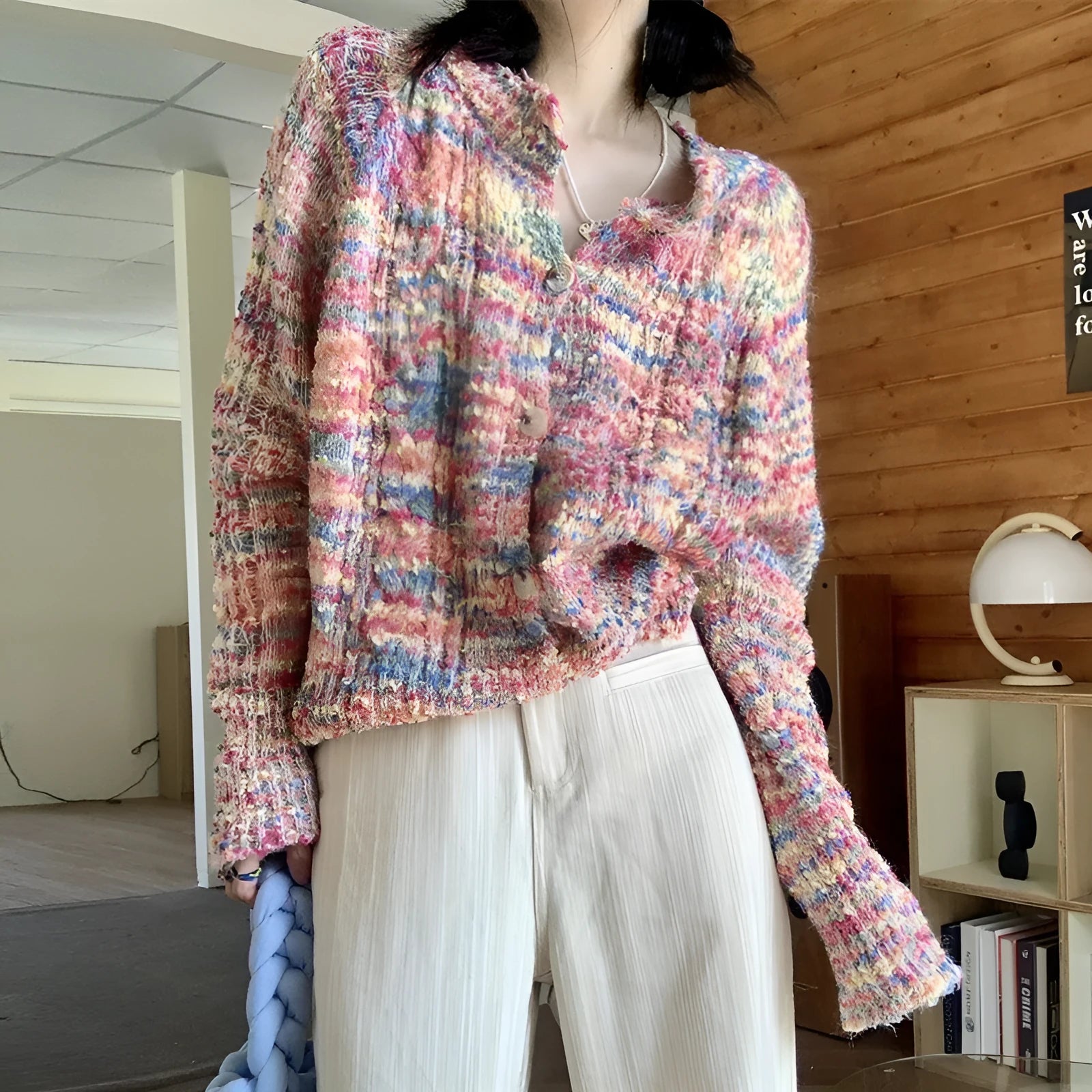 Pink and green rainbow pattern knitted cardigan on a hanger, showing slim fit and regular sleeves.