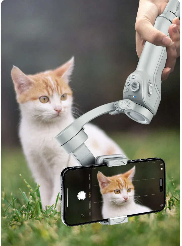 Gray handheld three-axis anti-shake stabilizer with AI face tracking and fill light for short video shooting