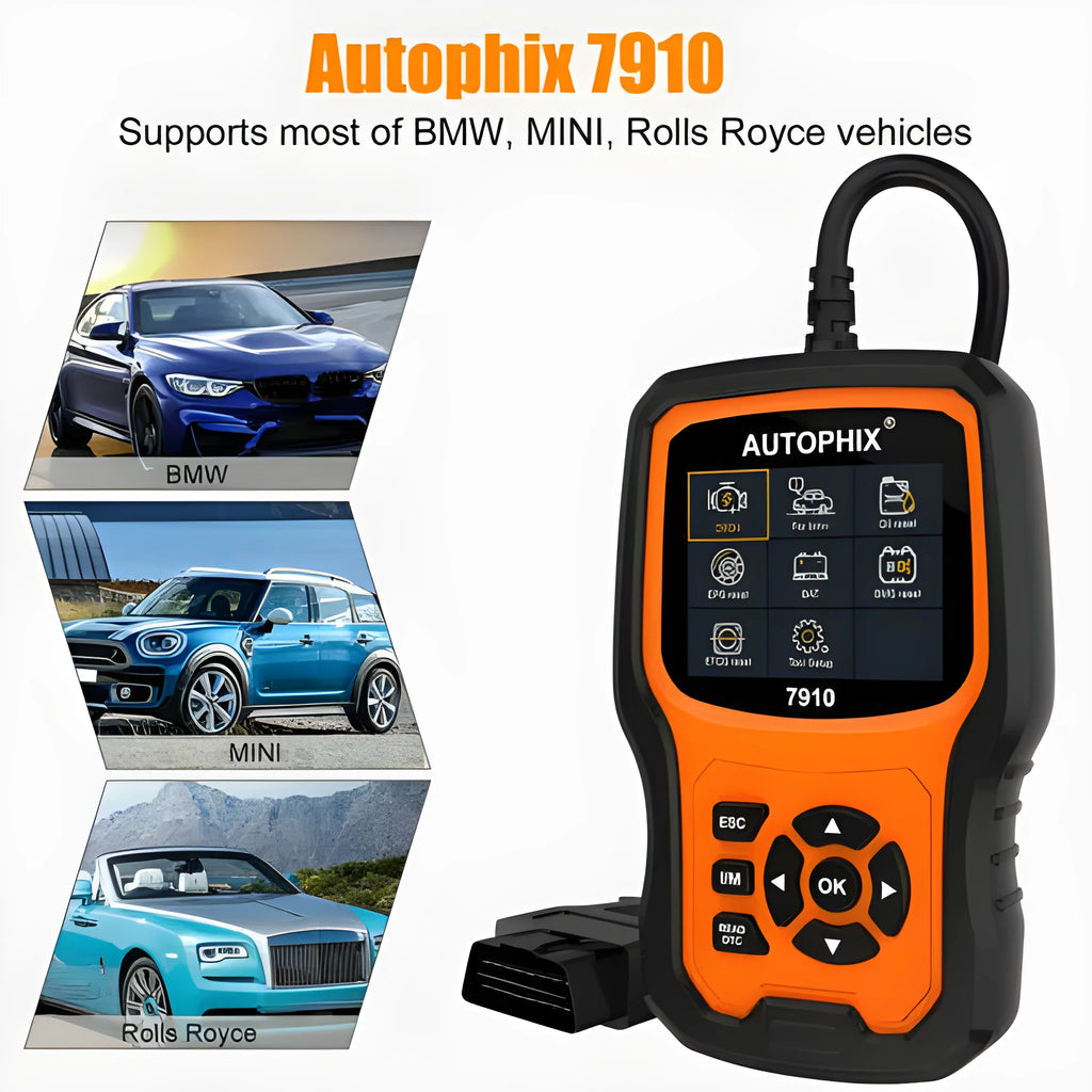 Autophix 7910 BMW diagnostic scanner with display screen and OBD2 connection cable