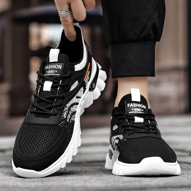 Men's white blue and black platform casual running shoes with cross shoulder straps and a rubber sole.