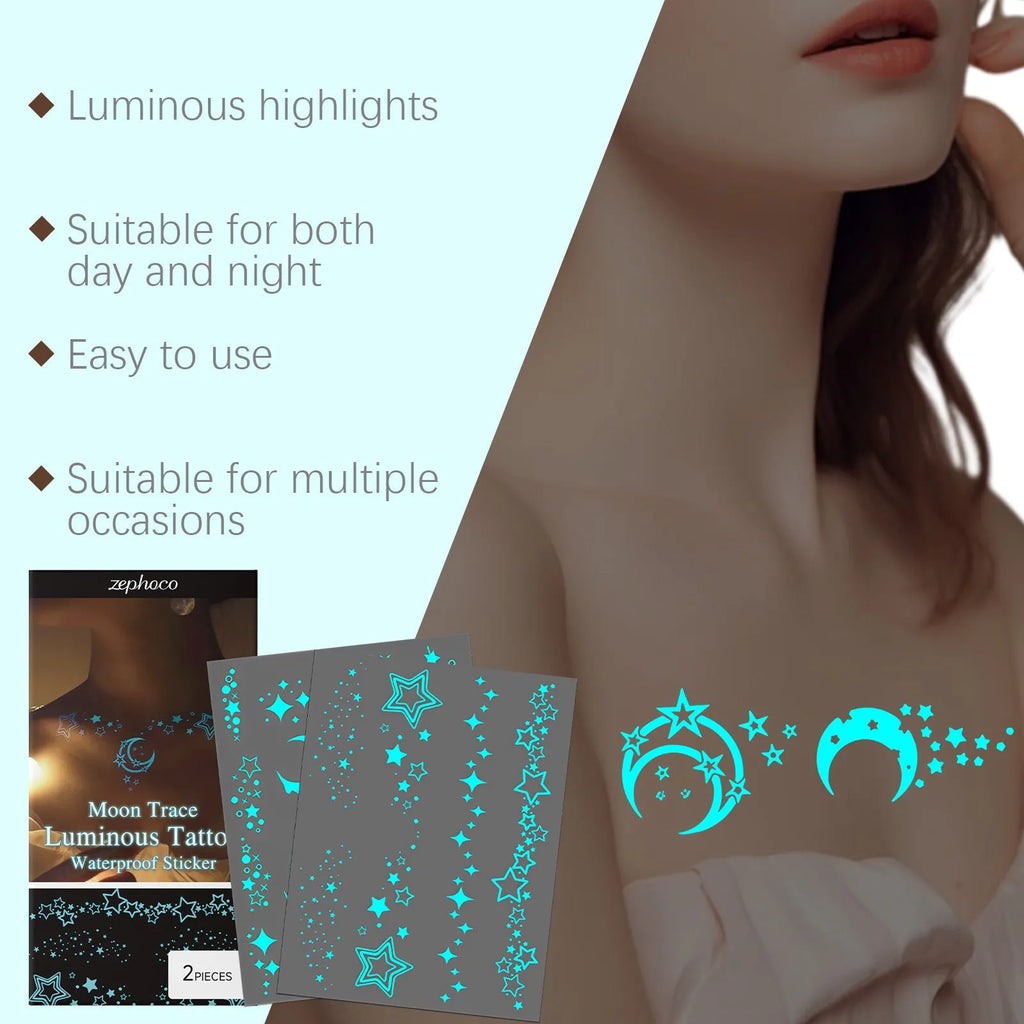 Pack of 2 luminous temporary tattoo stickers showing glowing body art designs