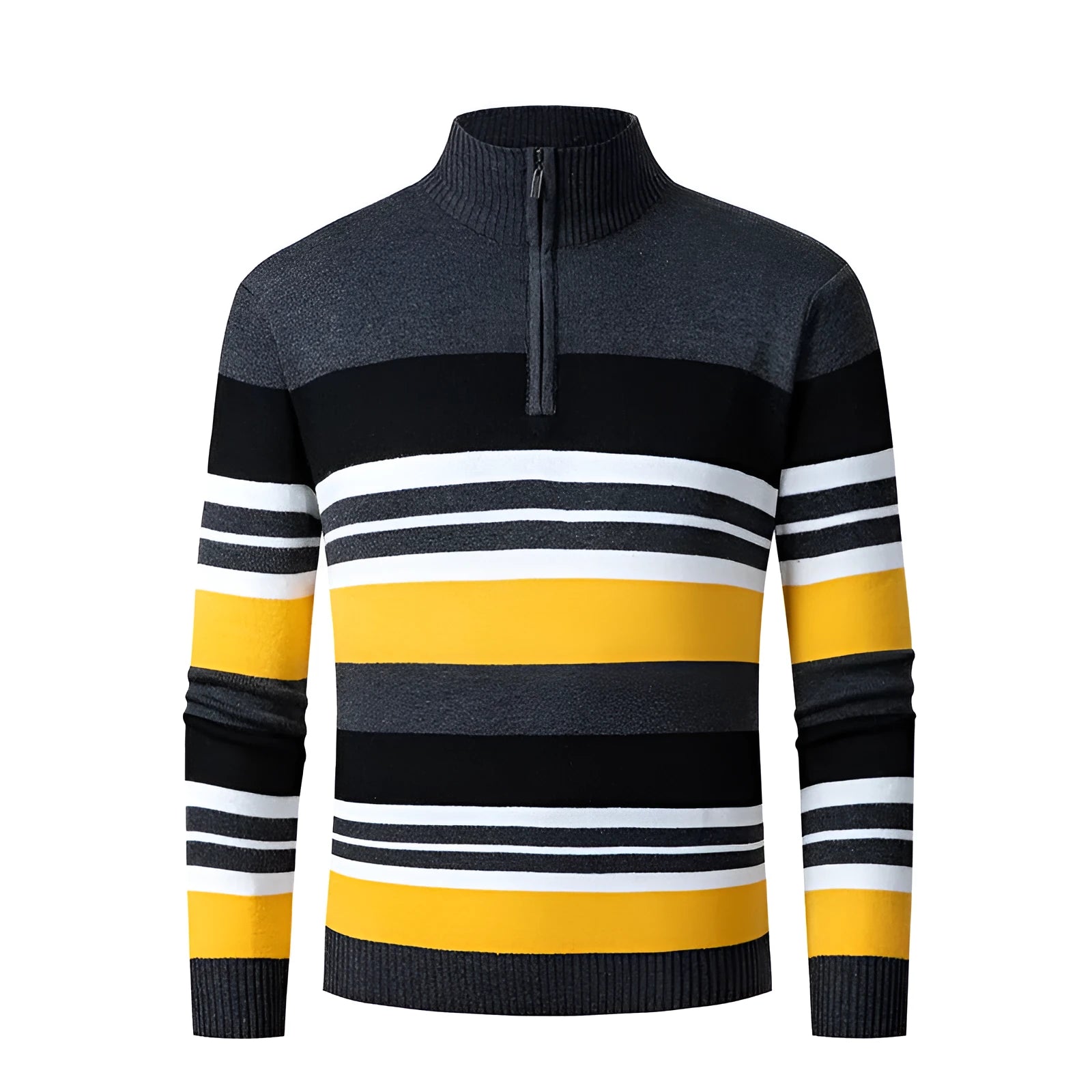 Casual men's long-sleeve half-turtleneck zip-up striped sweater in cotton blend, available in four colours