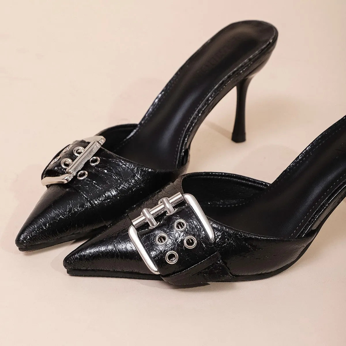 Black women's pointed strap high heels with buckle decoration on upper