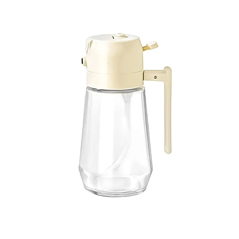 Glass olive oil sprayer and pour bottle with ergonomic handle in beige, yellow, green, or black, 470ml capacity.