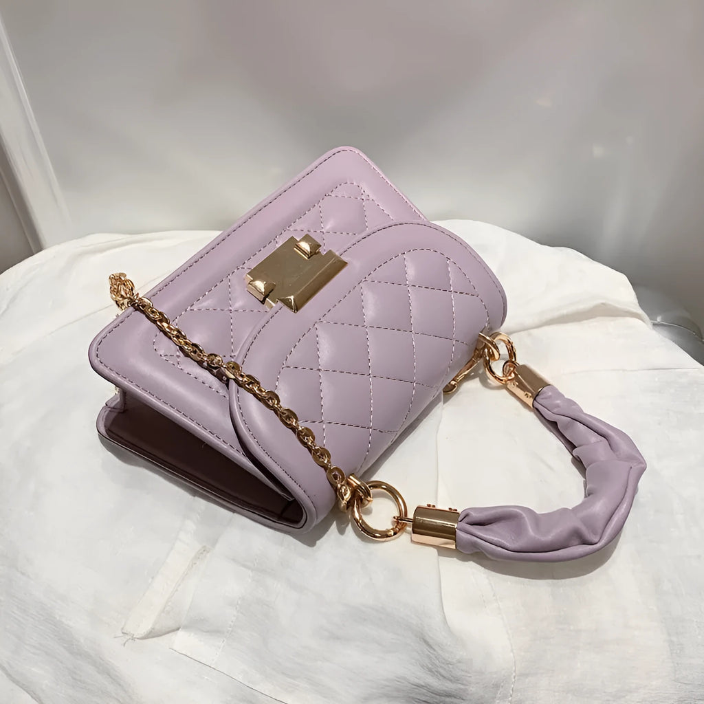 Korean-style small square shoulder bag in purple with chain detail and soft PU construction