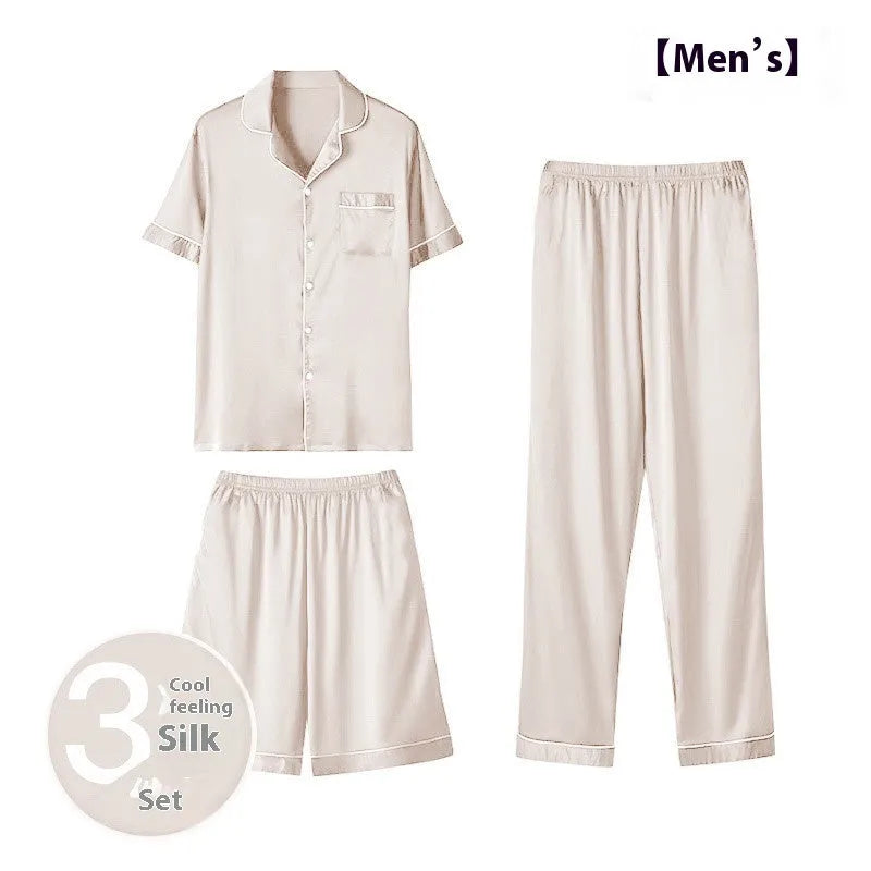 Men's thin ice silk three-piece homewear set in a choice of colours including black, blue, and champagne.