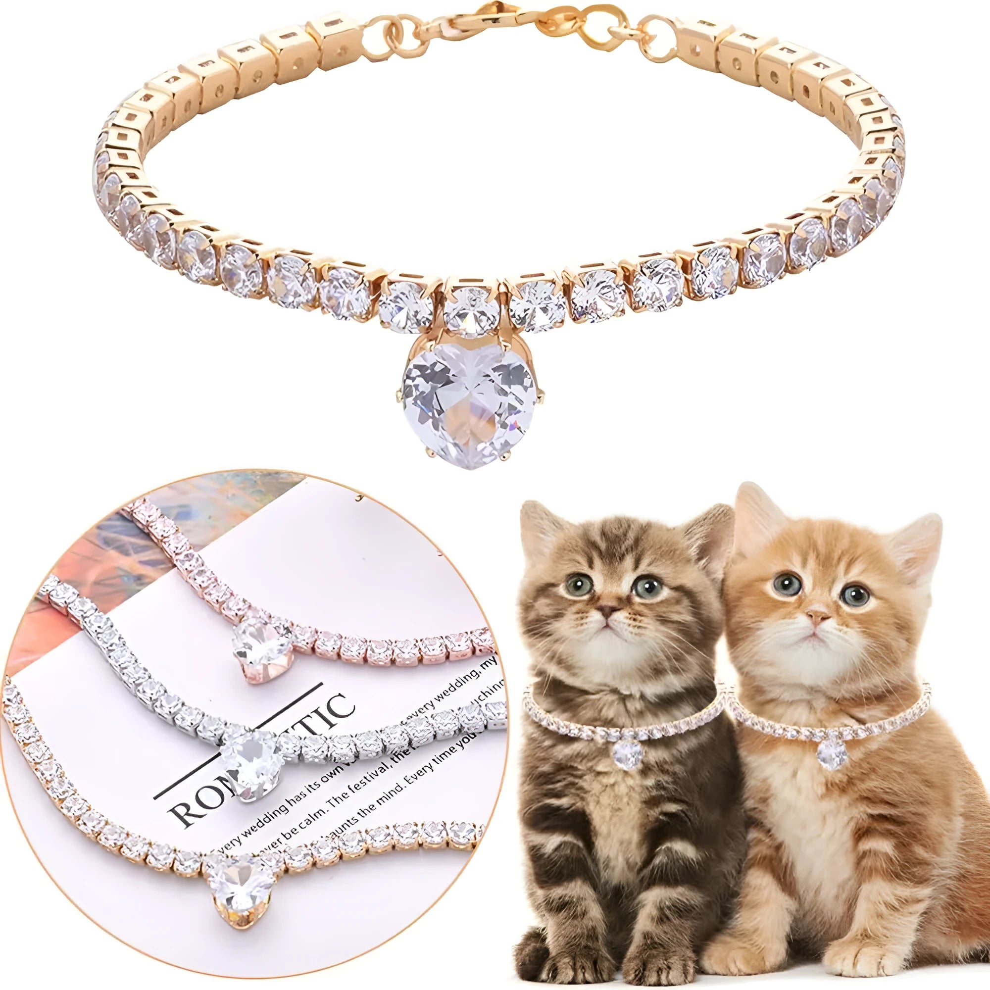 Gold heart-shaped rhinestone dog collar on a white background with an adjustable chain.