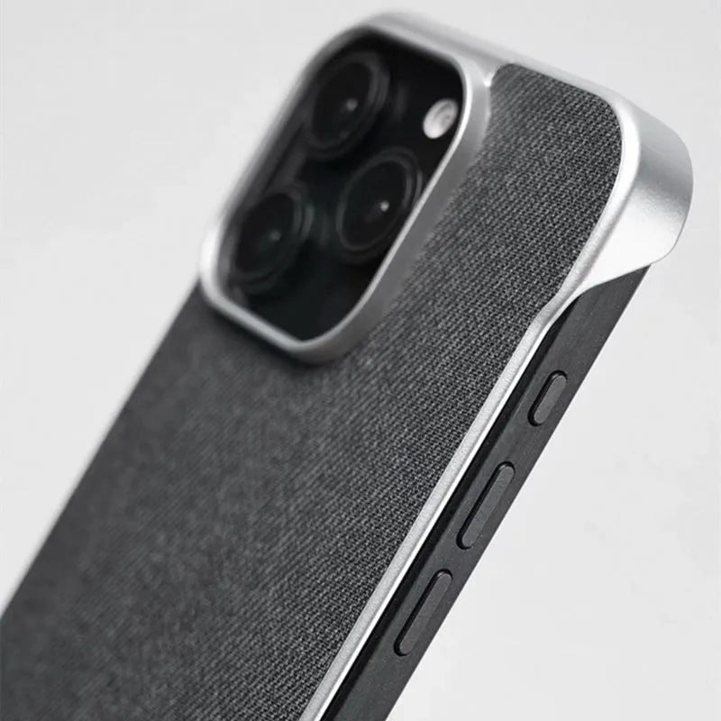 Imitation leather phone case with embossed hemp pattern, no border design, fits iPhone 14 to 16 Pro Max, available in multiple colours.