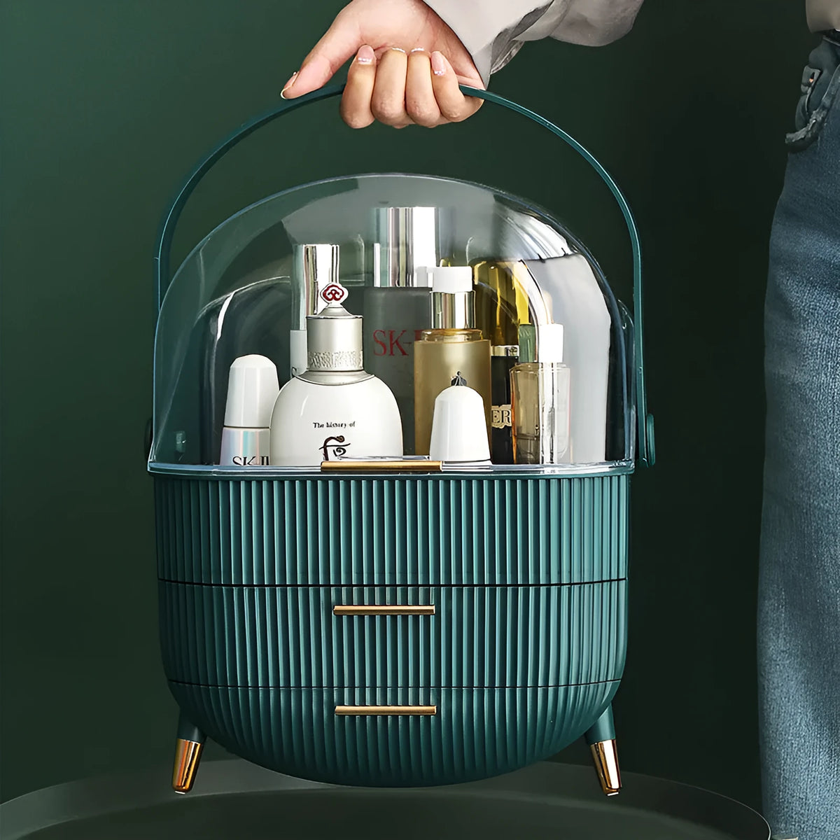 Light luxury covered cosmetic storage box in ABS and PS plastic, dustproof desktop organiser in green or white