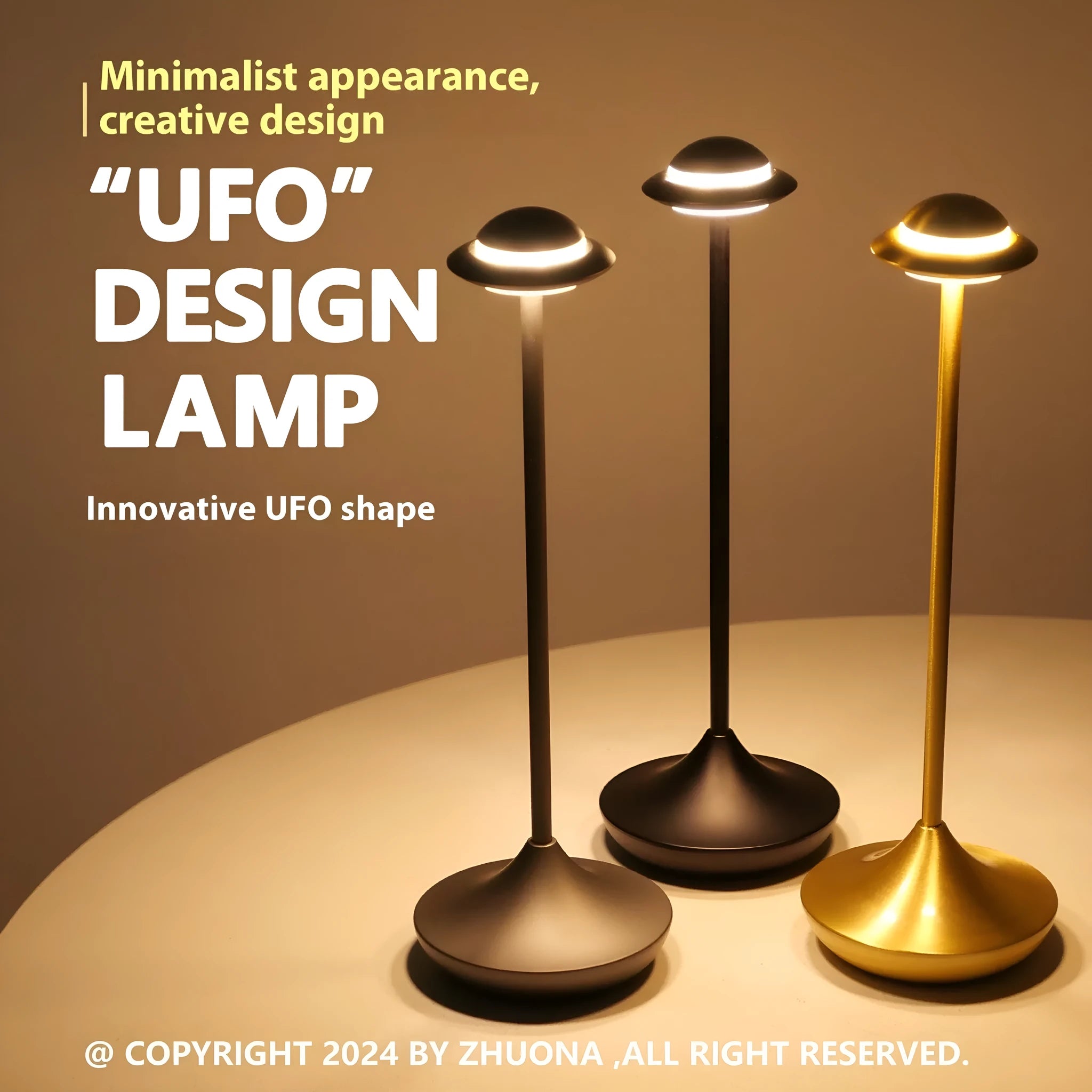 UFO-shaped metal desk lamp with saucer design in grey finish on a wooden table, demonstrating cordless use.