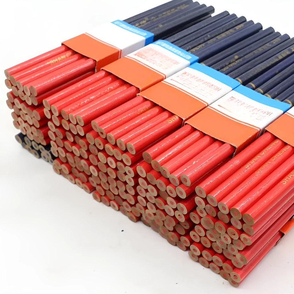 Ten red and blue two-tone round wooden carpenter's pencils for engineering and woodworking