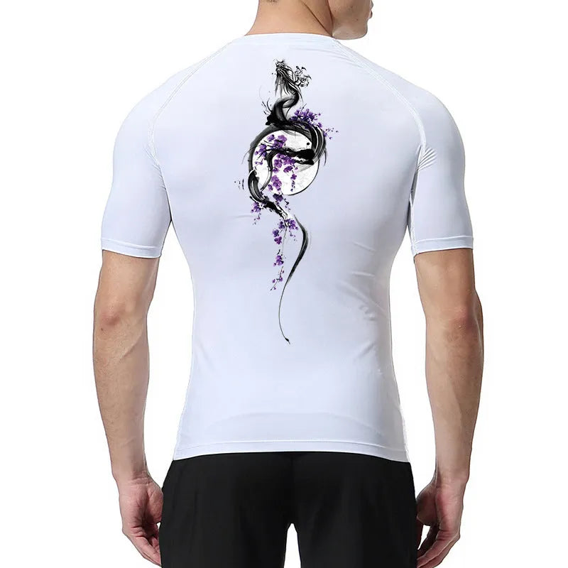 Men's sword printed short sleeve compression shirt in loose fit Asian sizing