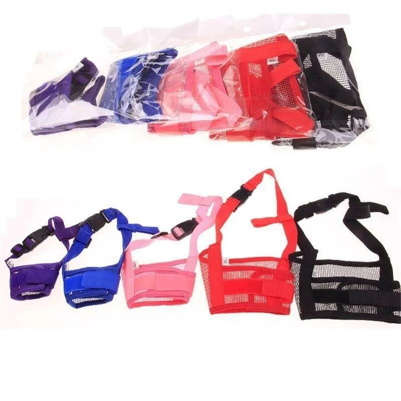 Adjustable plastic dog muzzle for biting and barking control, shown in multiple colour options.