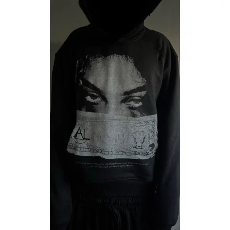 Black women's hooded sweater with cartoon pattern printing in loose fit