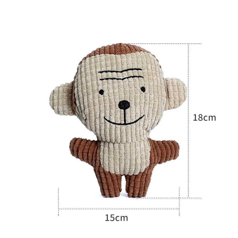 Animal-shaped plush dog chew toy with squeaker in multiple colour options