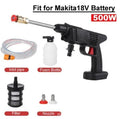 Cordless electric car pressure washer with battery, hose, foam bottle, and nozzle attachments on a driveway.