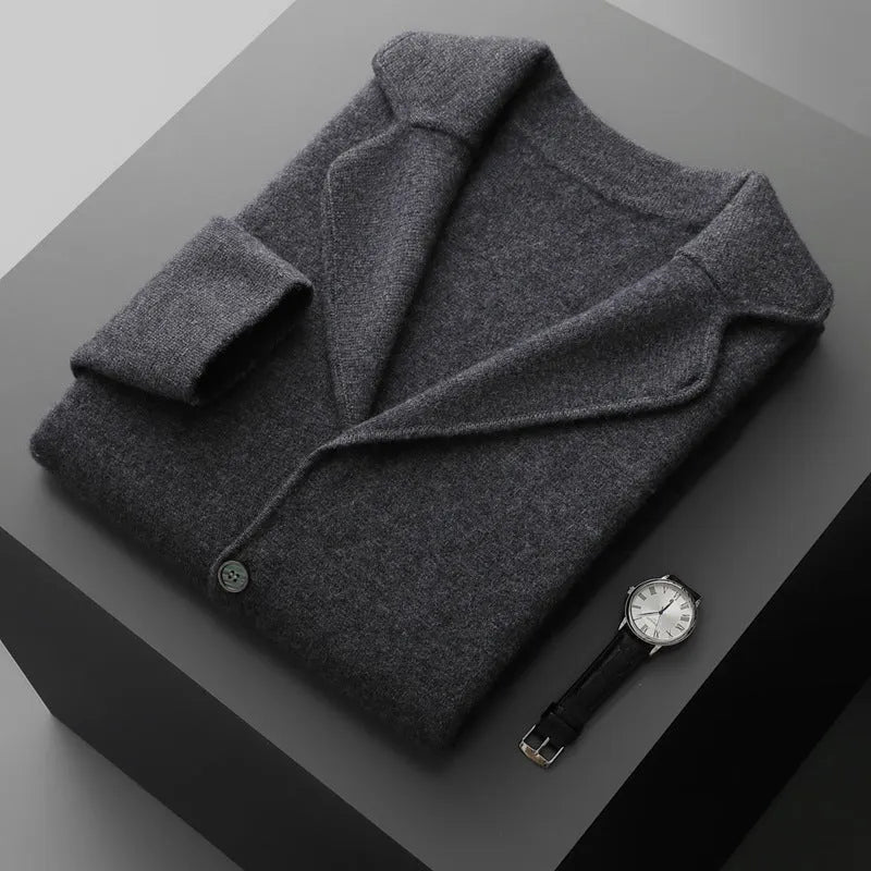 Men's cashmere lapel cardigan in light grey showing thickened knit construction and loose fit