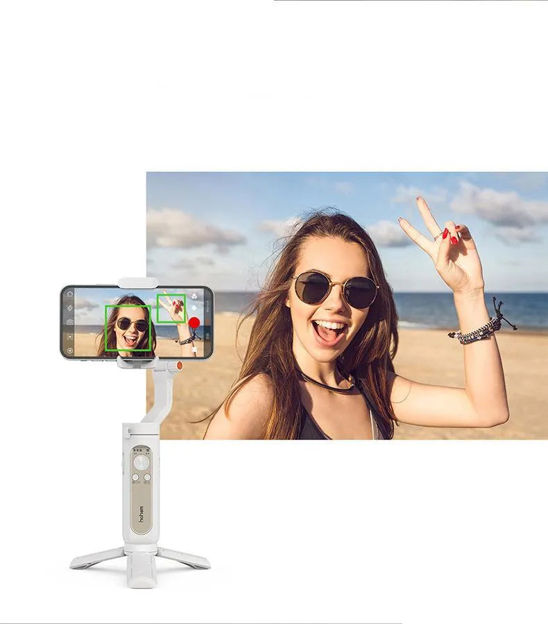 Black and white 3-axis mobile phone stabiliser shown folded to 179mm size with USB charging port