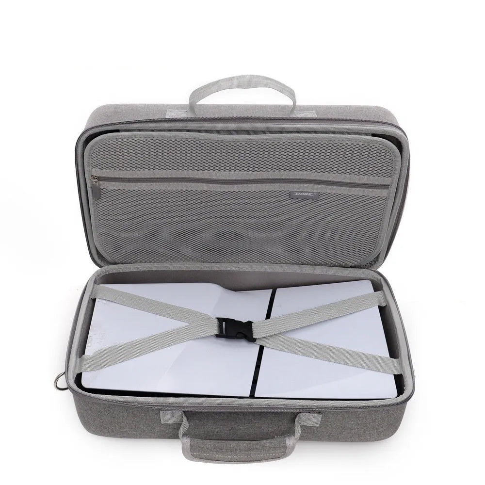 Grey EVA zippered storage bag designed for PS5 Slim console, 39x24.5x17cm