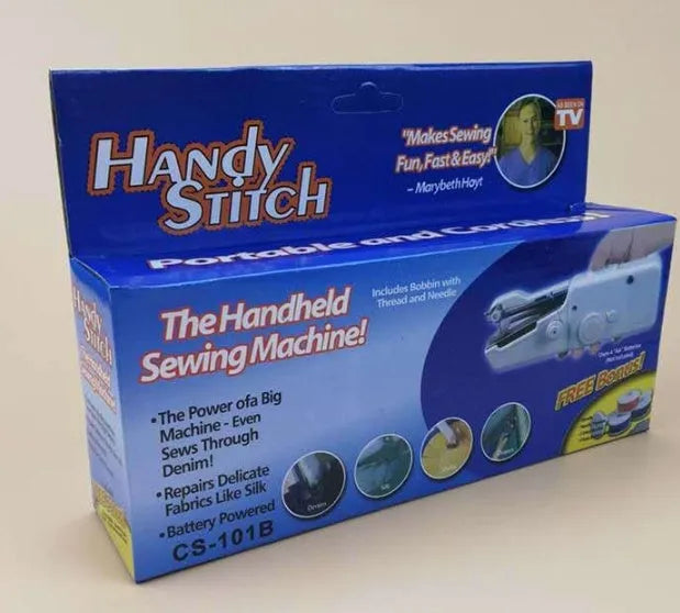 Handheld mini sewing machine set with thread spools, scissors, ruler, and clips in multiple colours