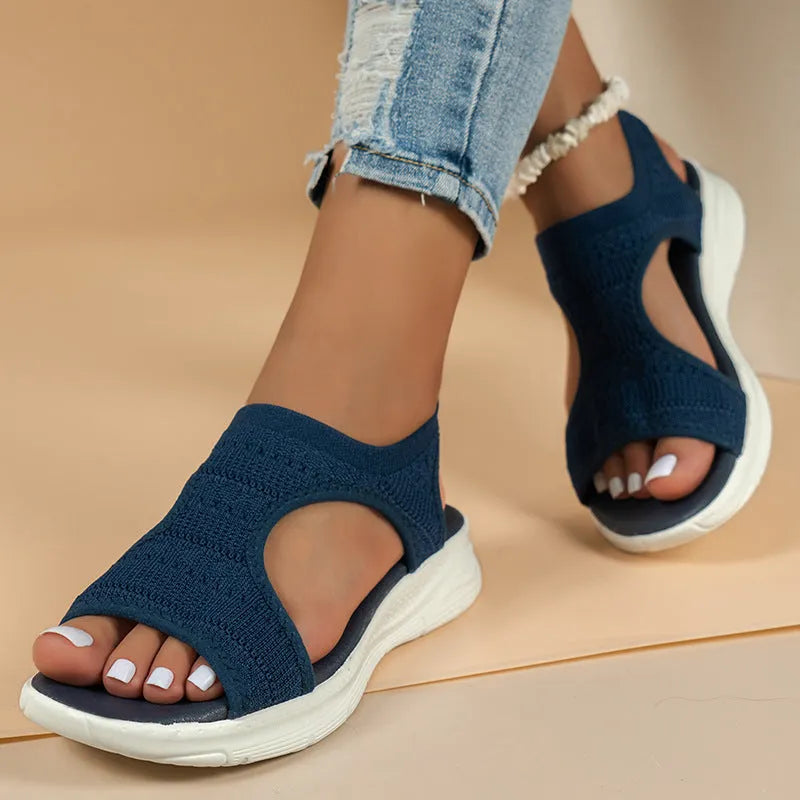 Women's flyknit sandals hollow peep-toe Roman shoes in grey with PU upper and breathable design