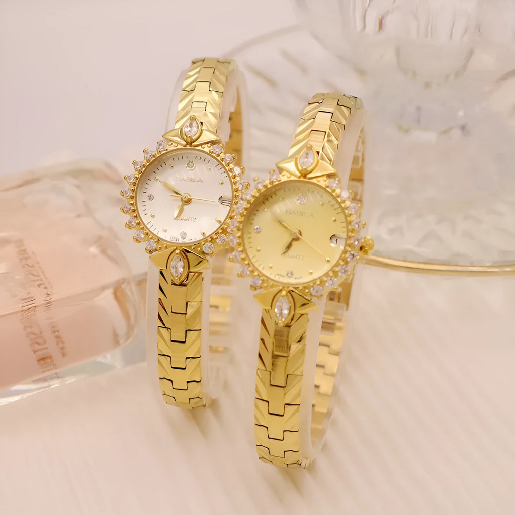 Gold quartz watch with embossed bracelet featuring 5A diamond detailing