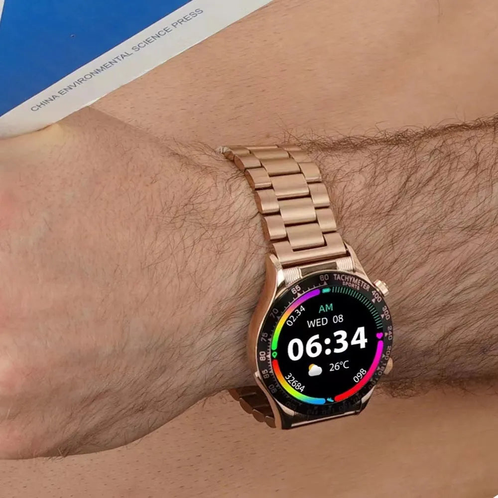 Men's black Bluetooth smart watch with silicone strap showing health stats on its IPS screen.