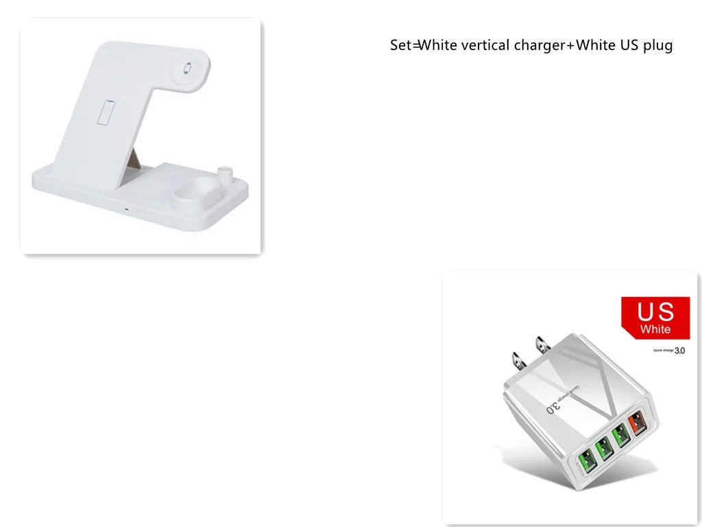 Black 4-in-1 wireless charging dock with phone on adjustable stand, Apple Watch, AirPods, and Apple Pencil on charging pads.