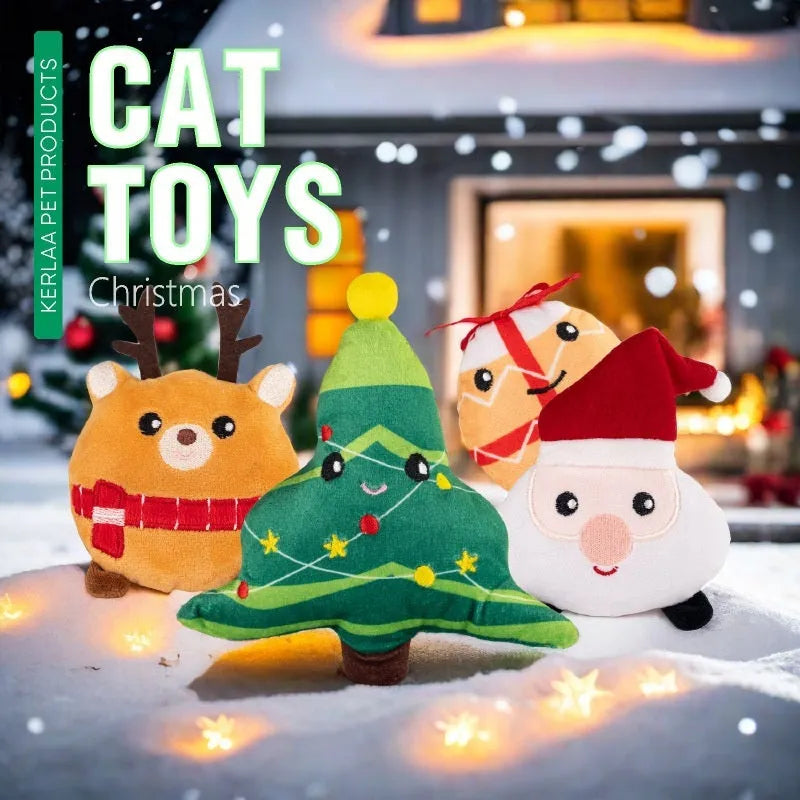 Christmas cat plush toy with catnip in festive designs including Santa Claus, Christmas Elk, Christmas Tree and Smiling Face Egg
