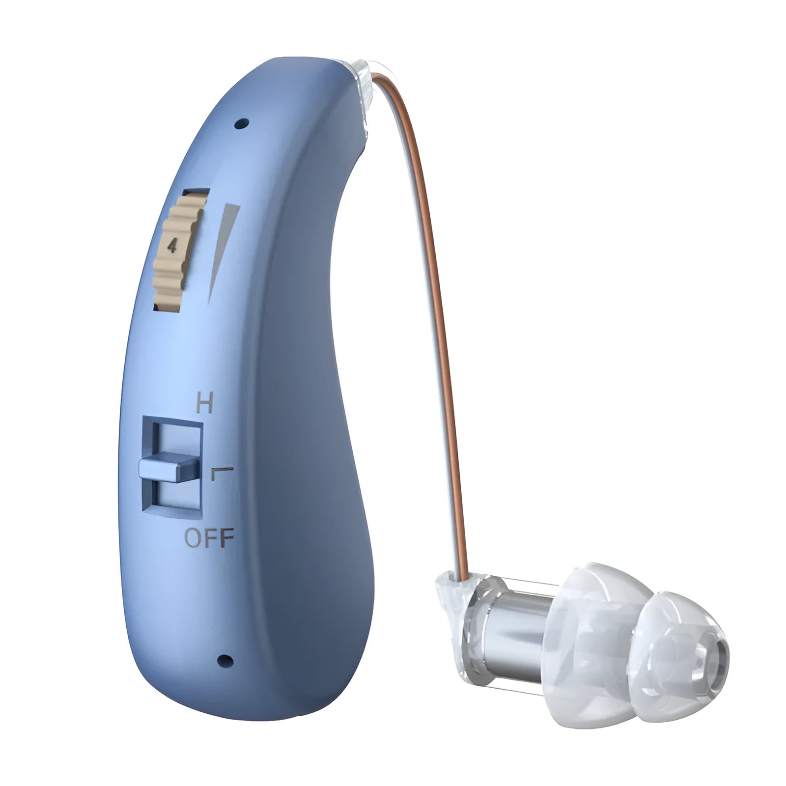 USB rechargeable behind-the-ear hearing aid for elderly in blue colour with volume control buttons