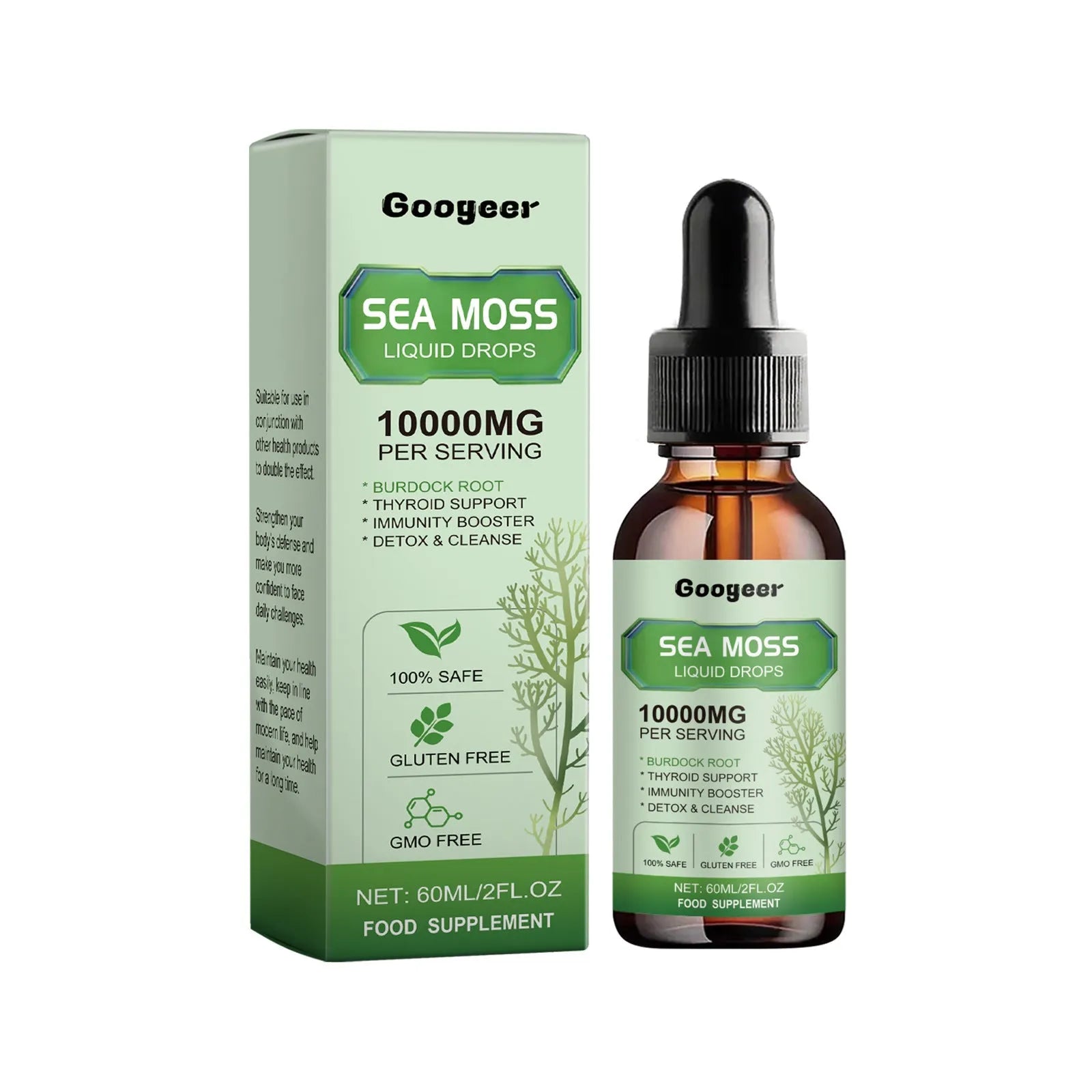 Googeer Sea Moss Liquid Drops 60ml bottle, a body treatment serum with traditional Chinese medicine extract.