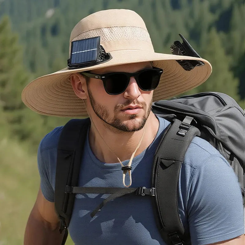 Solar-powered fan hat with integrated cooling fan and solar panel on brim