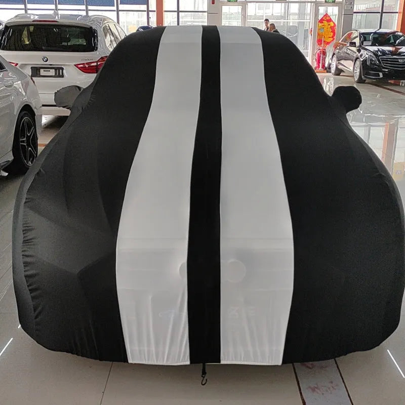 Ford Mustang car cover with elastic edges in choice of six colours including black, red, blue, light grey, yellow, and orange