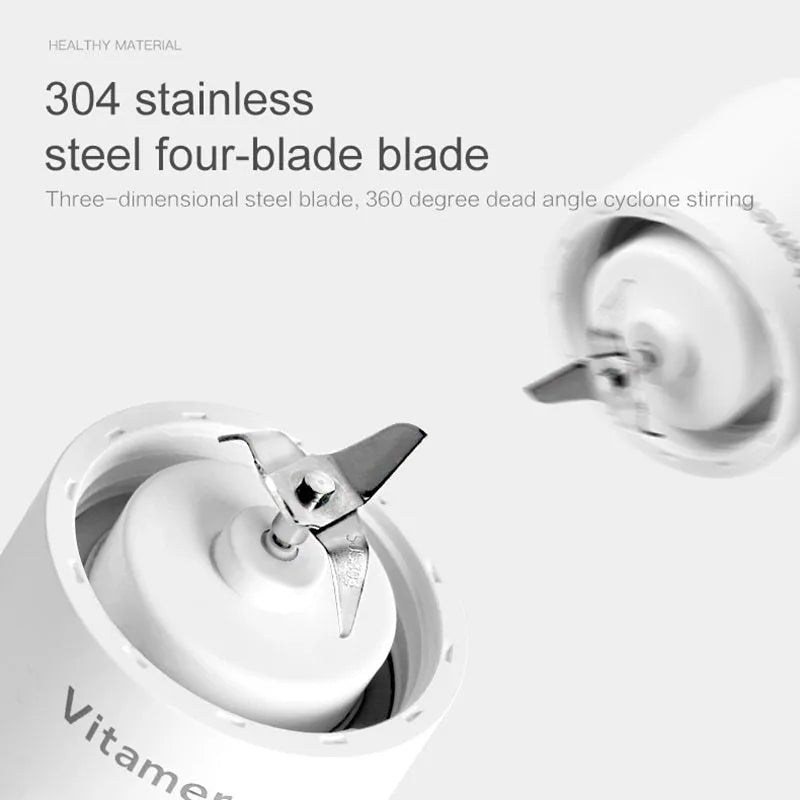 White portable USB blender with 350ml cup and silicone carry ring on a base.