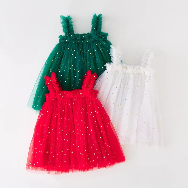Girls Christmas star moon strapless sling dress in green, red or white, sizes 73cm to 130cm