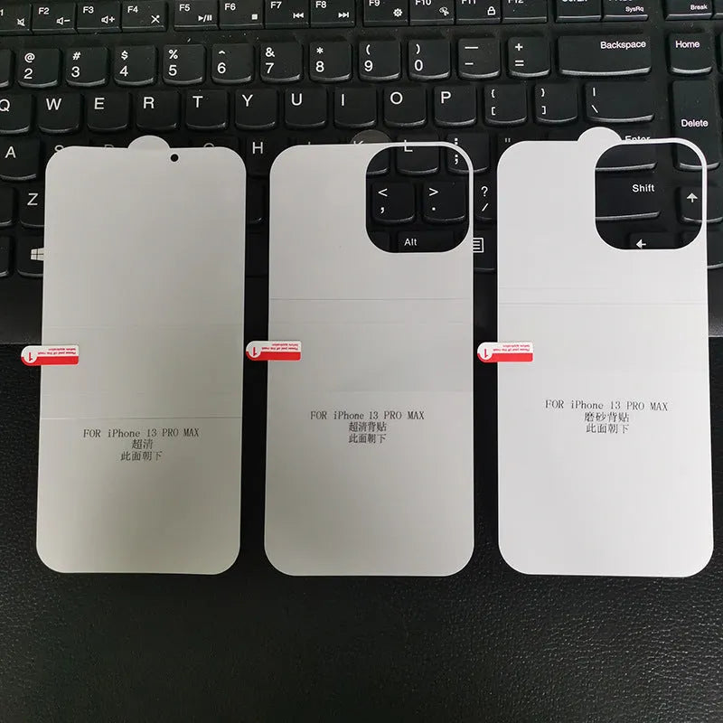 TPU front and back film for iPhone 13 and 14 series, shown in HD, matte, carbon fibre, and crocodile pattern.
