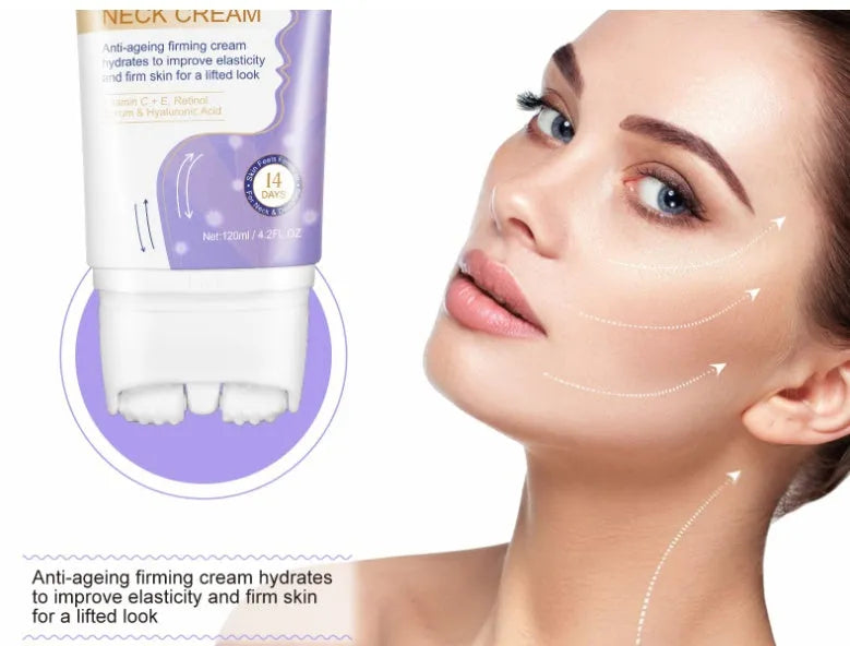 Purple bottle of anti-aging neck cream with multi-ball massage roller on neck