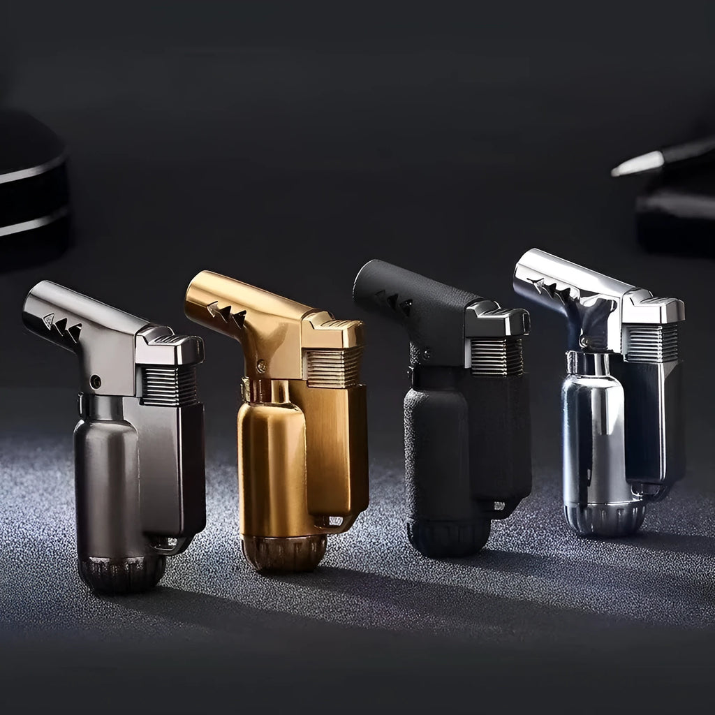 HB805-1 full metal windproof lighter in black, gold, grey, or silver, showing straight punch mechanism.