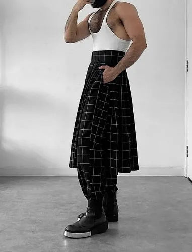 Men's plaid apron trousers showing the front bib design and adjustable straps.