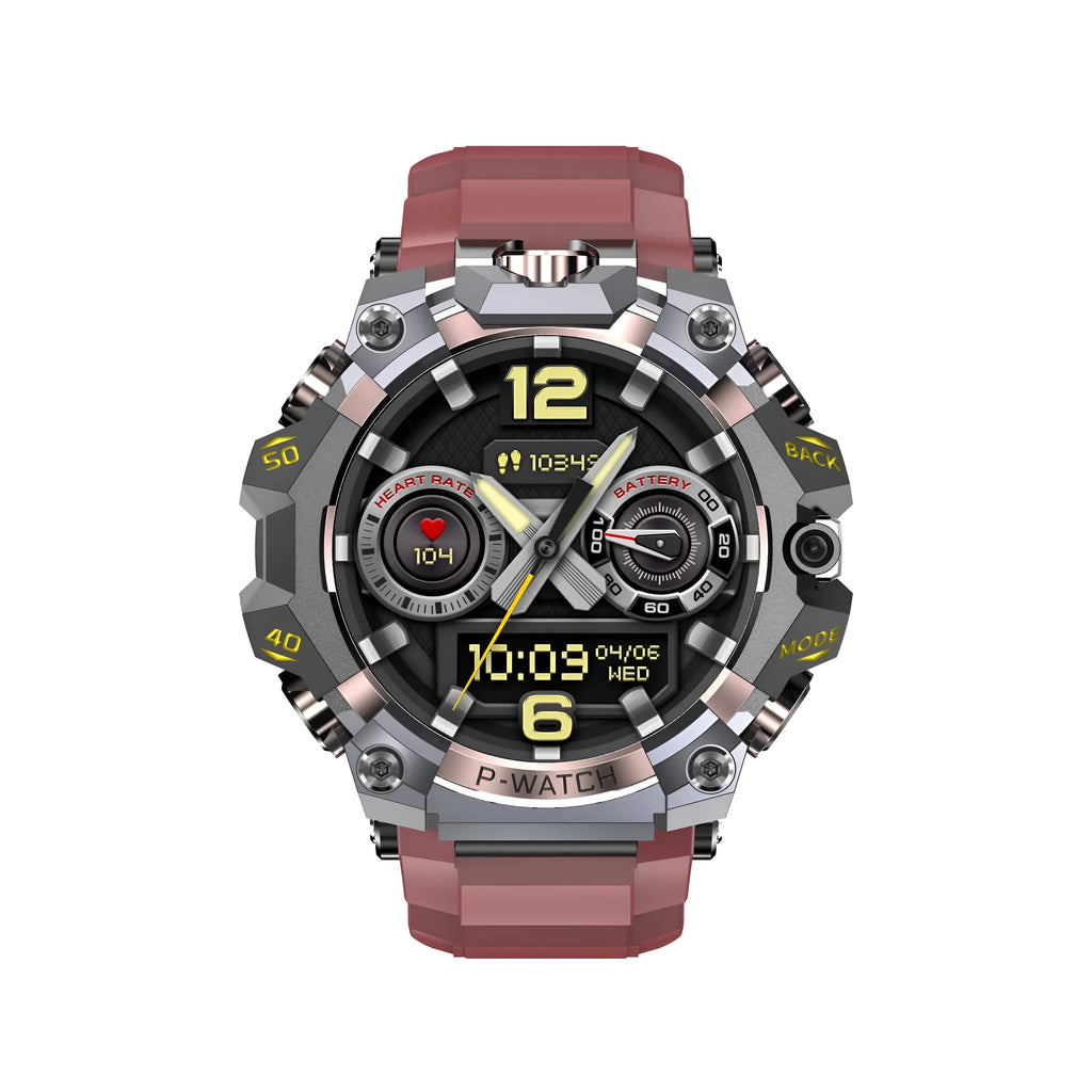 Waterproof smart watch with HD dual camera, black colour, touch screen display, showing step counting and blood oxygen detection features