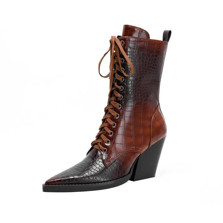 Dark brown women's lace-up ankle boots with a retro stone pattern, pointed toe, and a chunky high heel.