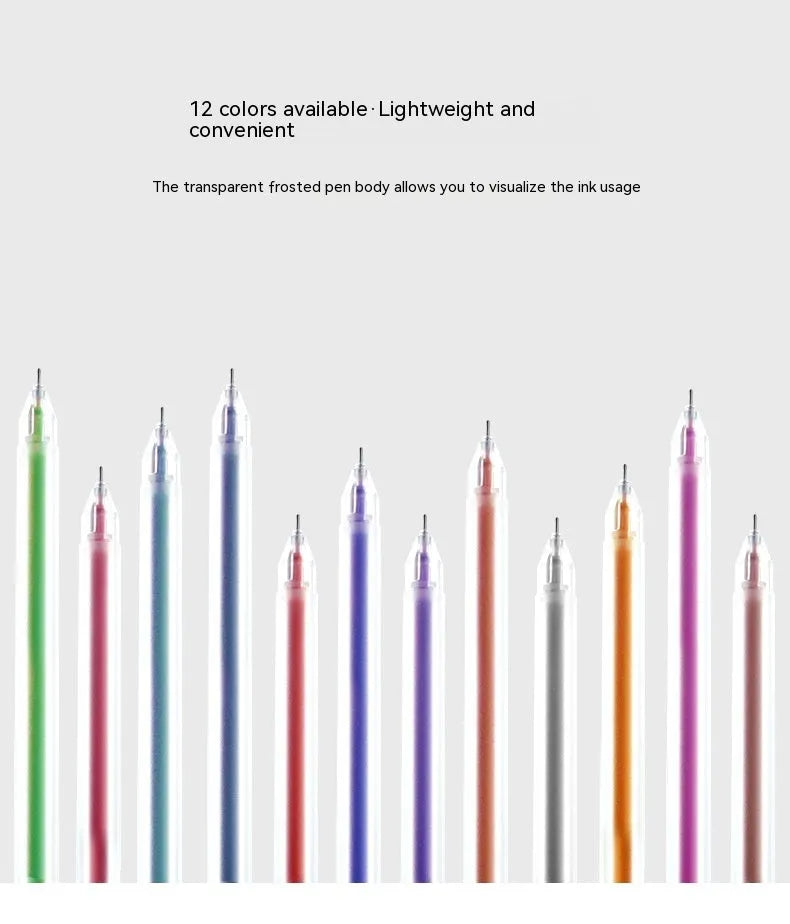 Boxed set of twelve coloured gel pens with 0.5 mm fine tips on a white background