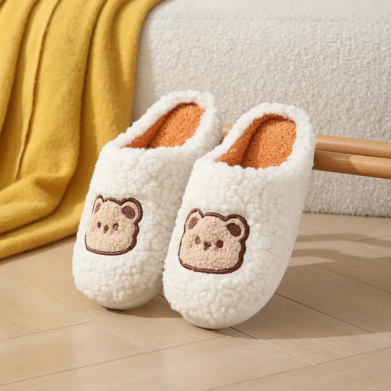 Cartoon bear plush slippers with TPR non-slip sole in white or coffee, unisex sleeve style, sizes 36-45