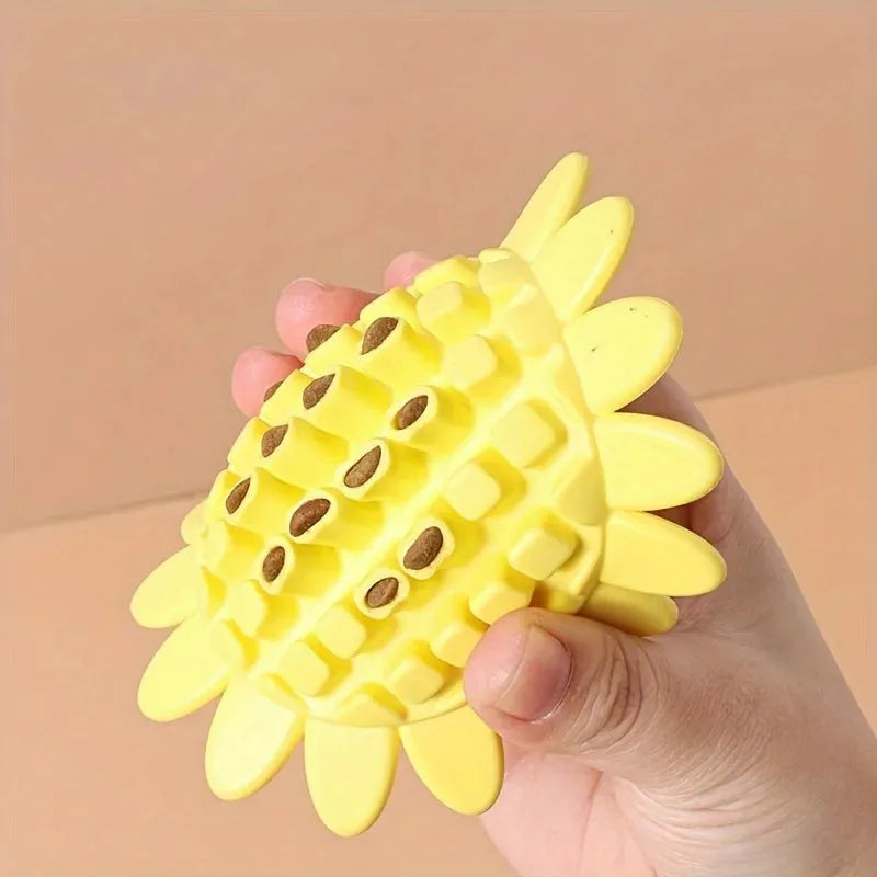 Yellow rubber sunflower-shaped dog chew toy for puppies and dogs