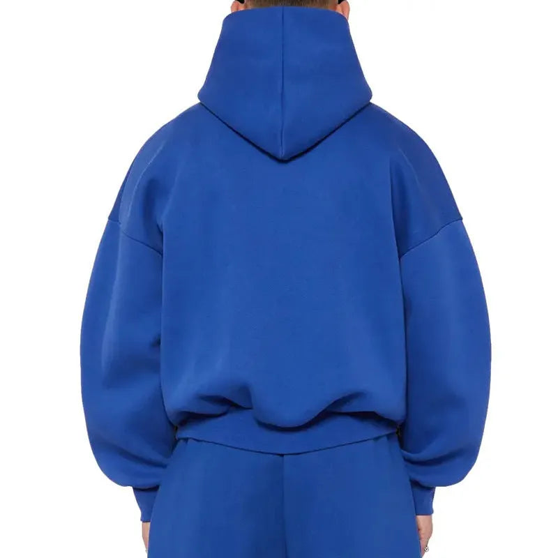 Men's solid colour fleece-lined cotton hoodie pullover shown in black, blue, grey, or red.