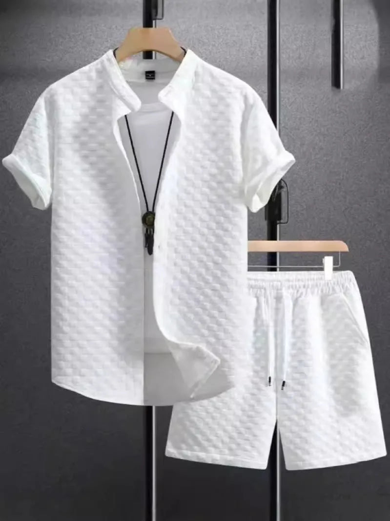 Jacquard short sleeve suit set in chemical fibre blend fabric showing top and matching trousers